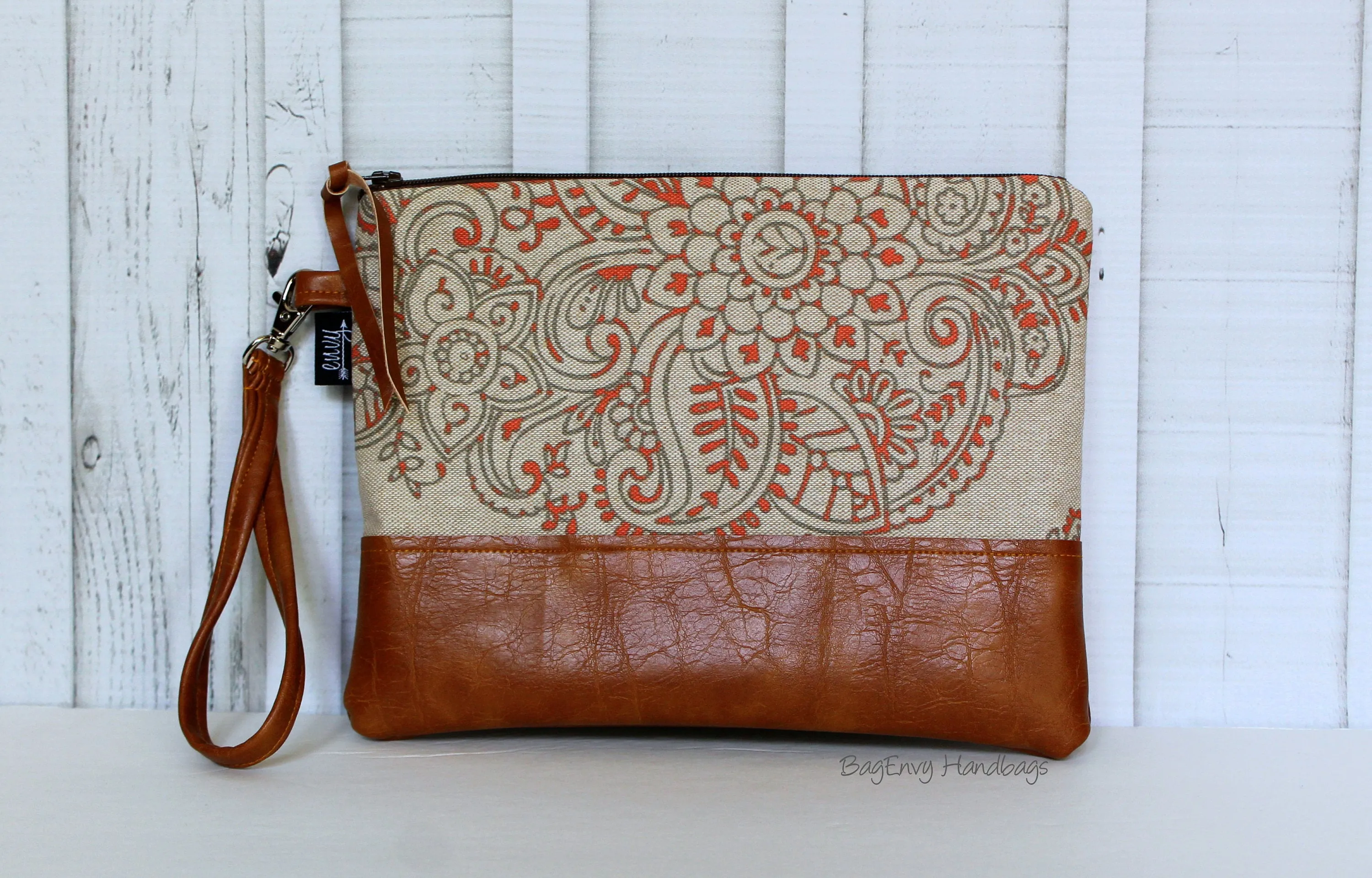 Grab N Go Wristlet Clutch - Mandala Paisley in Coral with Vegan Leather