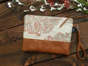 Grab N Go Wristlet Clutch - Mandala Paisley in Coral with Vegan Leather