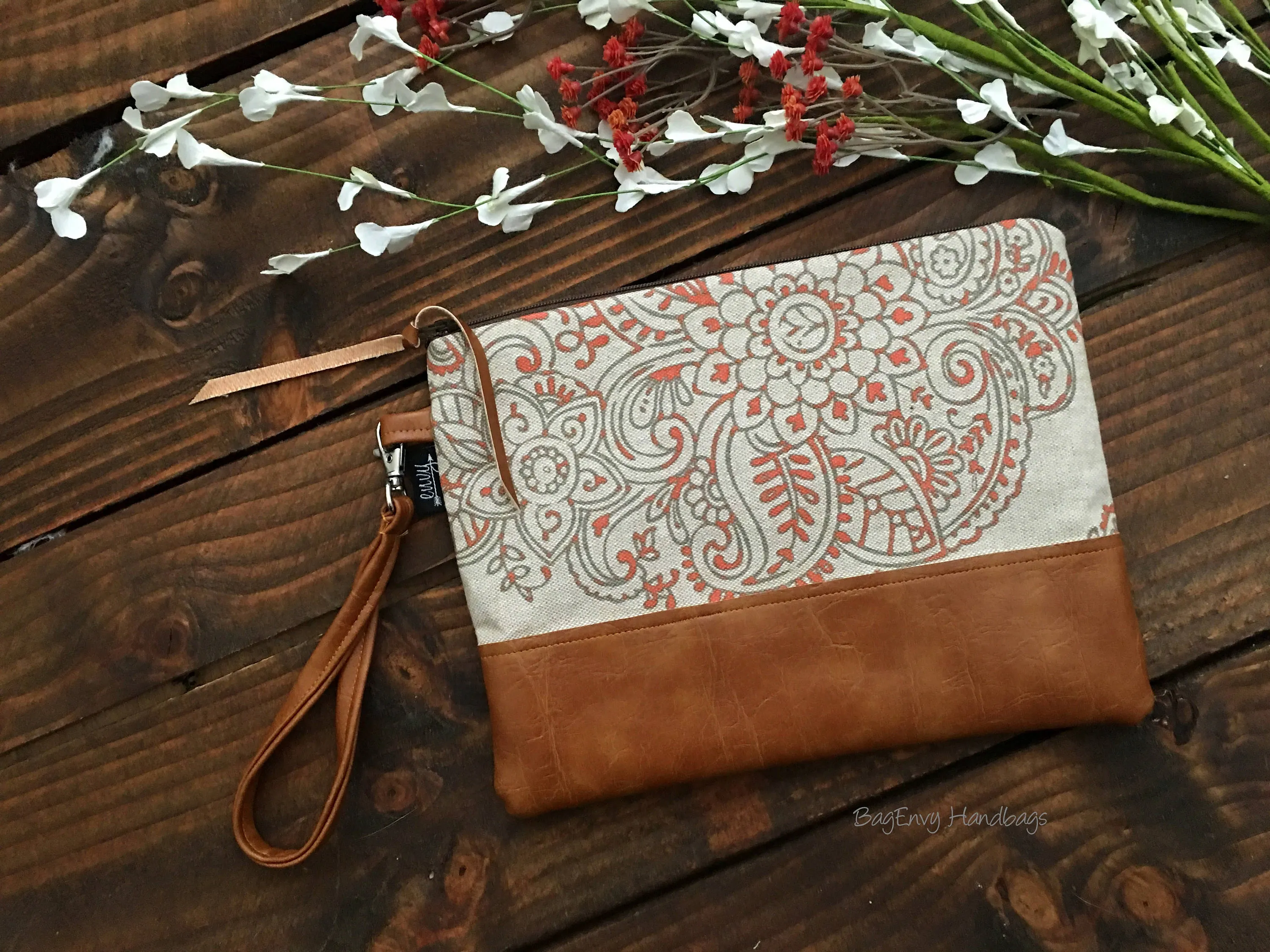 Grab N Go Wristlet Clutch - Mandala Paisley in Coral with Vegan Leather