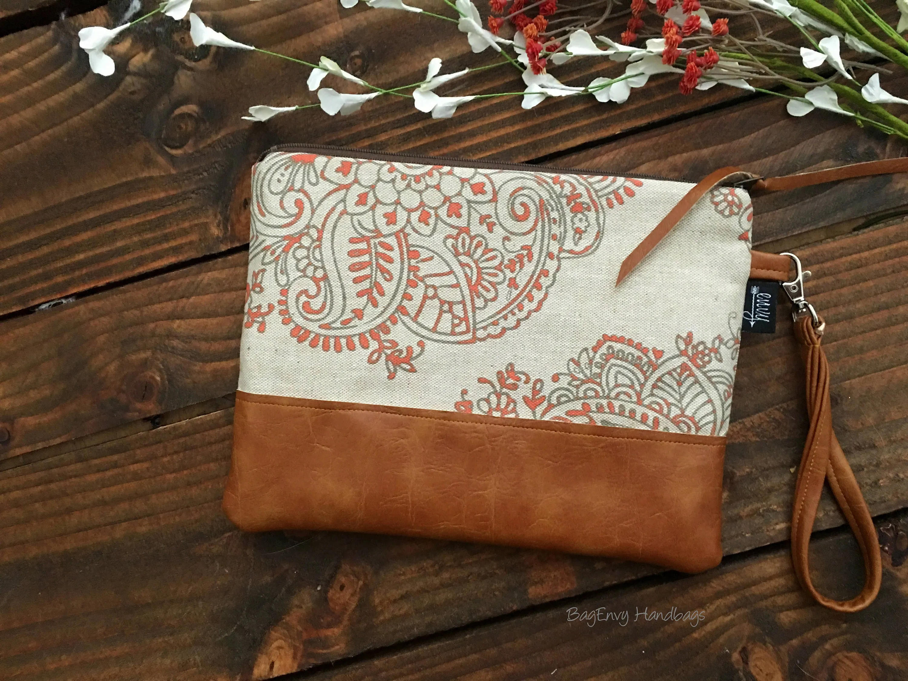 Grab N Go Wristlet Clutch - Mandala Paisley in Coral with Vegan Leather