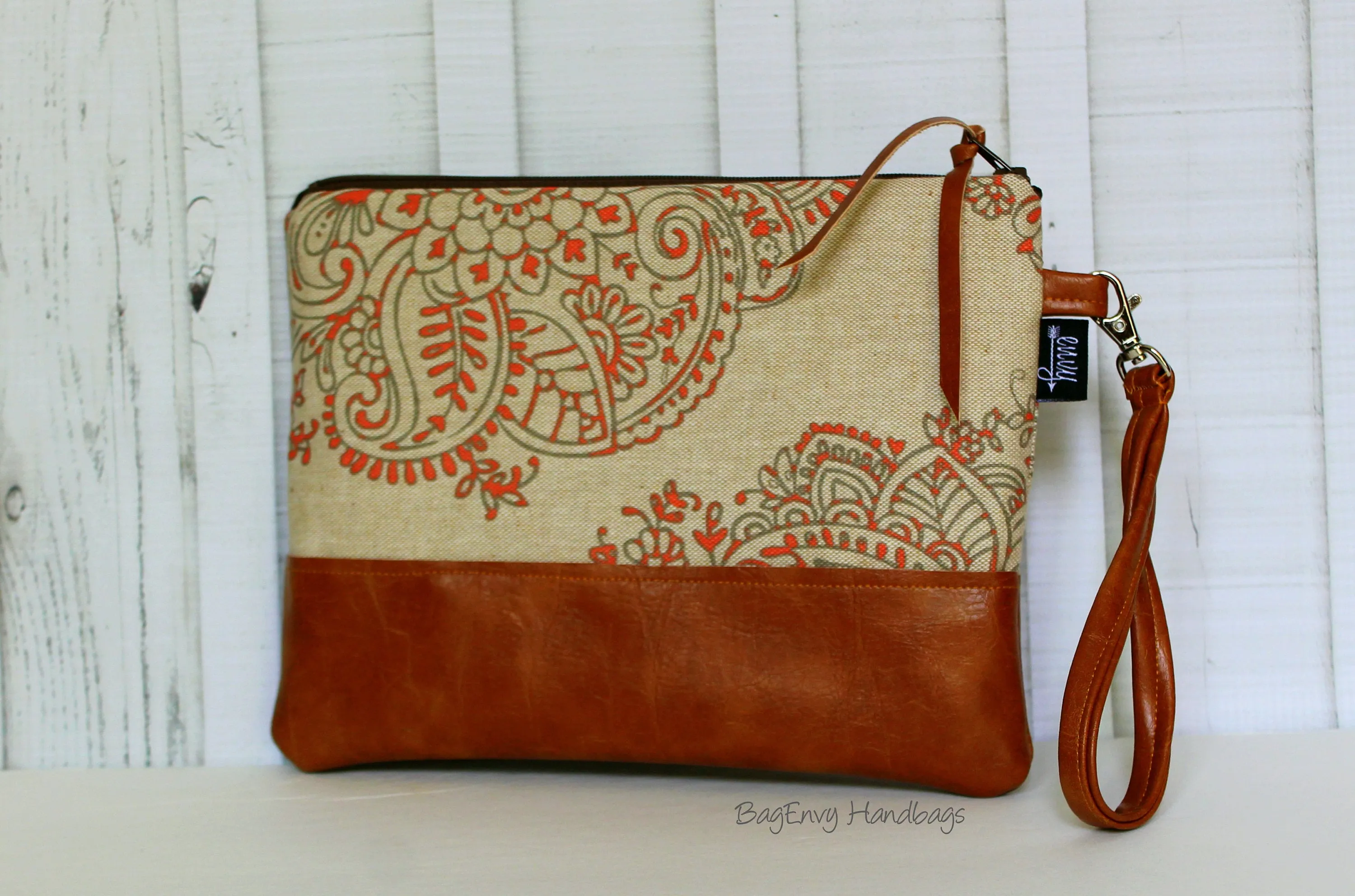 Grab N Go Wristlet Clutch - Mandala Paisley in Coral with Vegan Leather