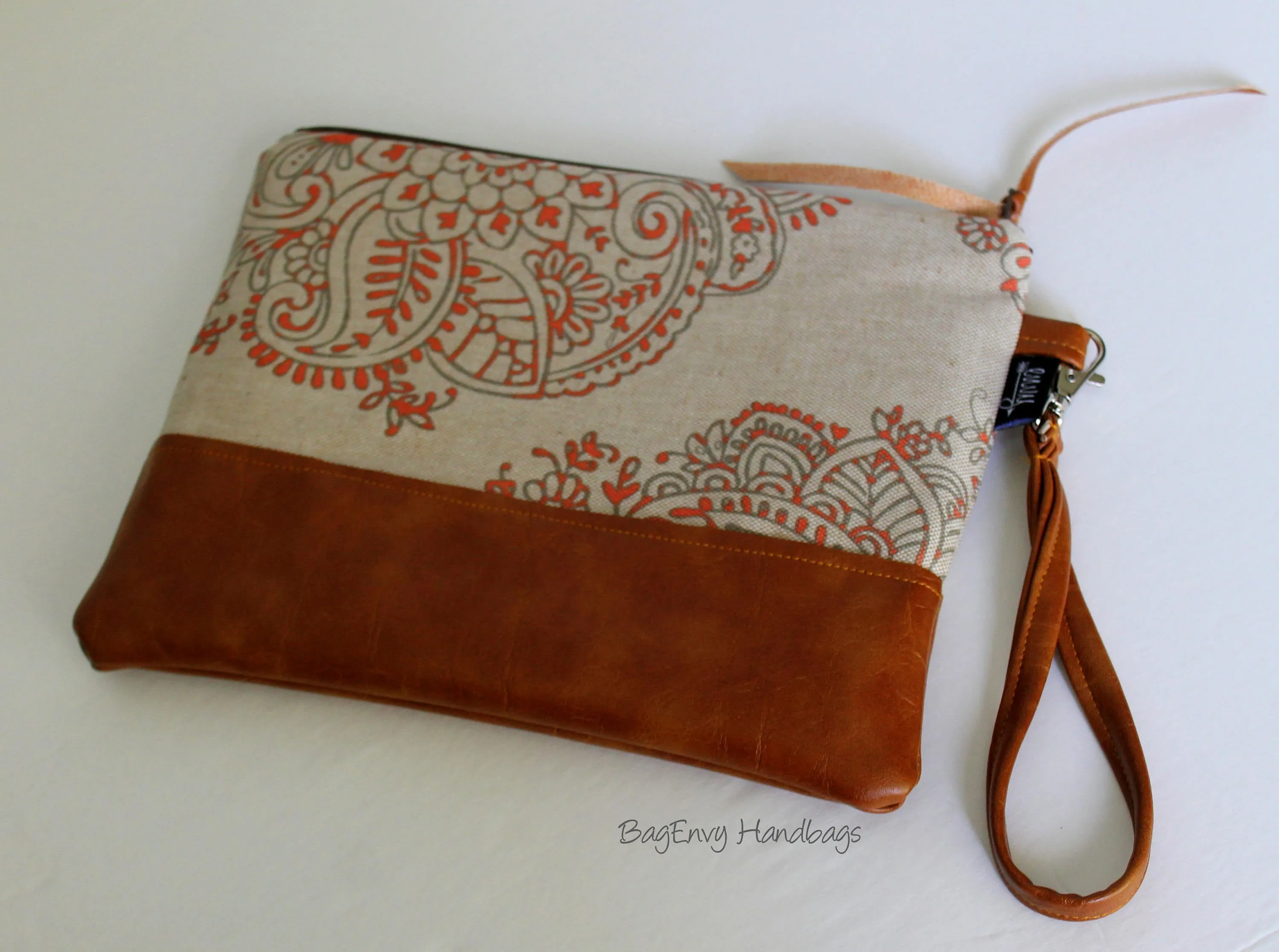 Grab N Go Wristlet Clutch - Mandala Paisley in Coral with Vegan Leather