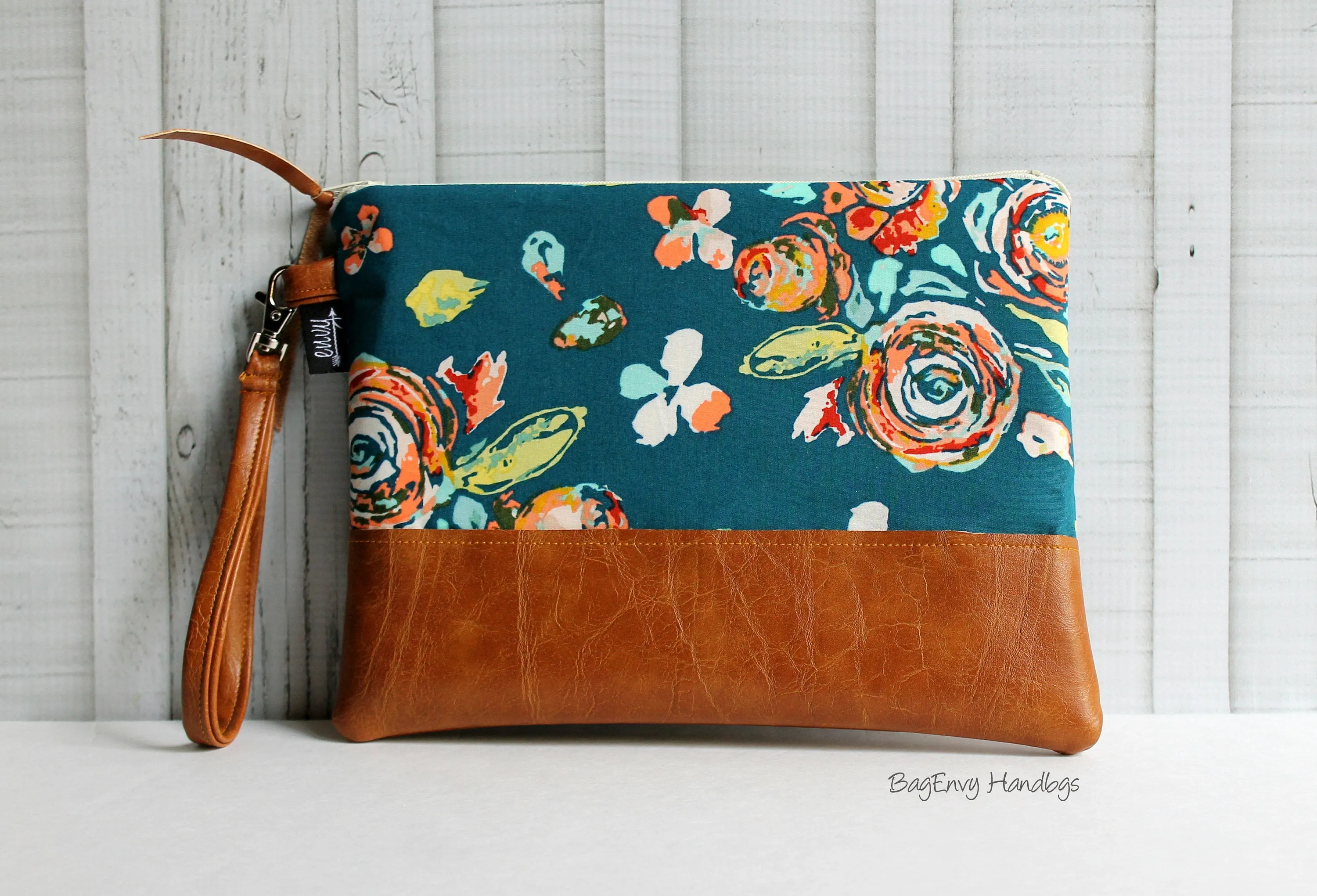 Grab N Go Wristlet Clutch - Teal Boho Flora with Vegan Leather