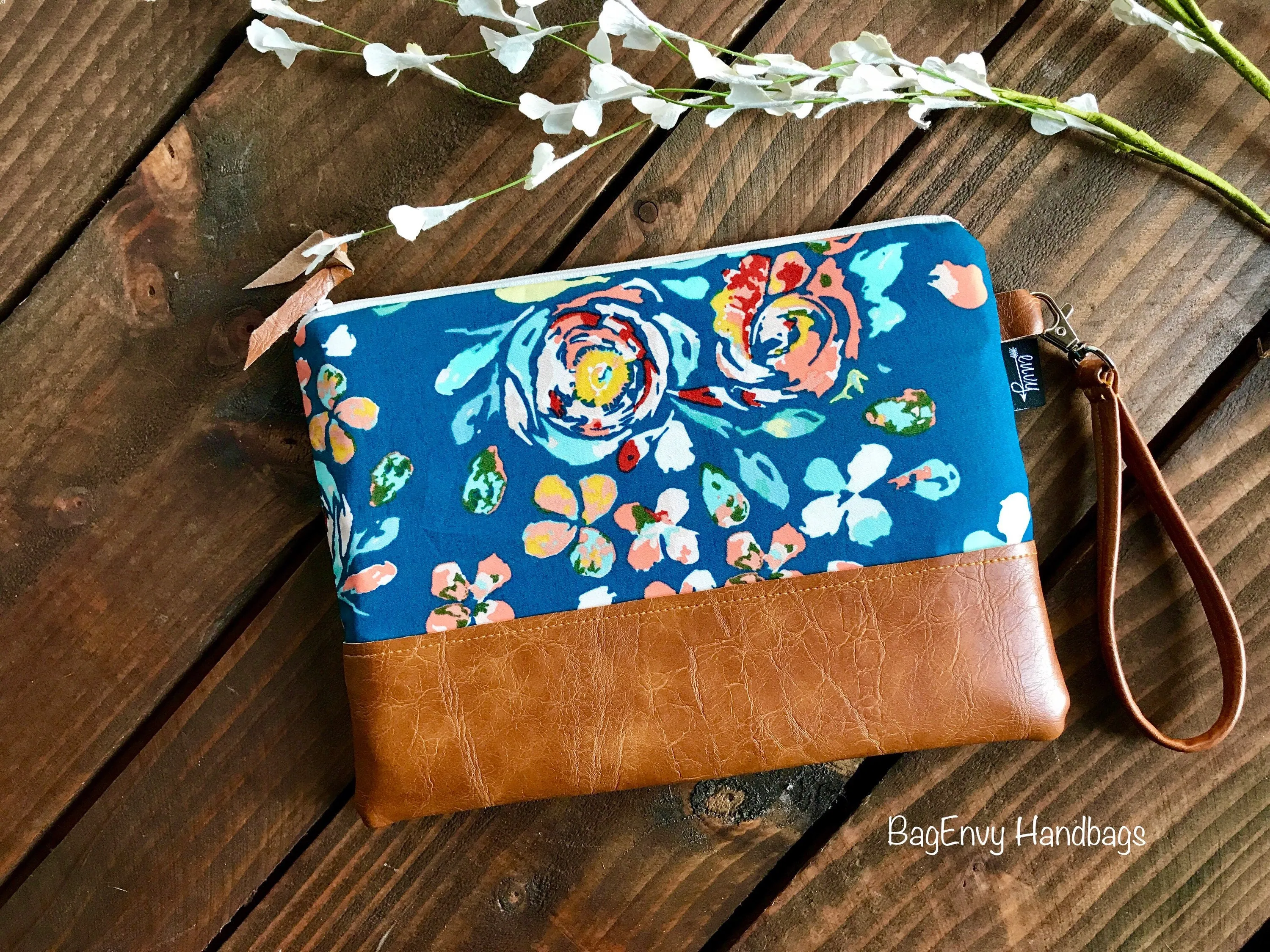 Grab N Go Wristlet Clutch - Teal Boho Flora with Vegan Leather