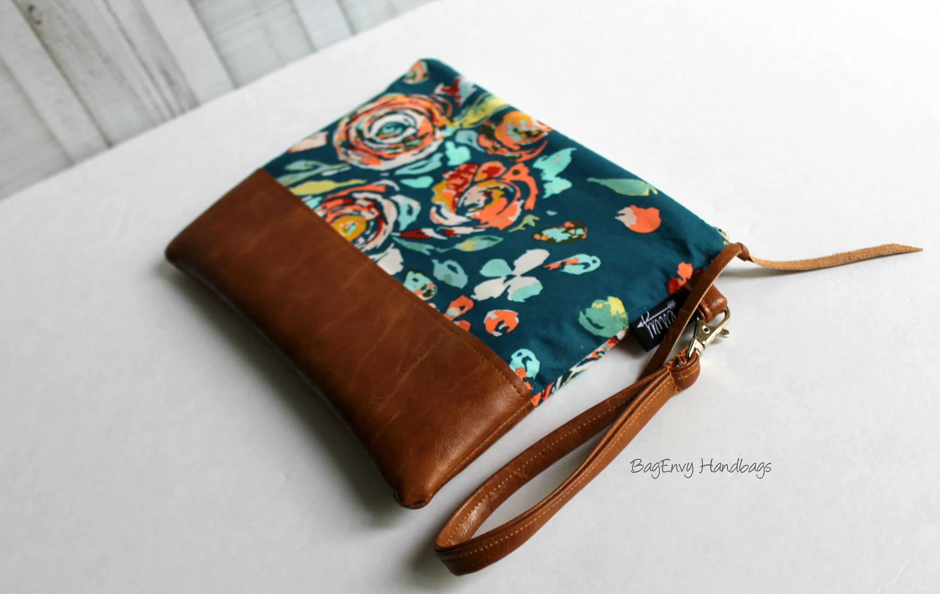 Grab N Go Wristlet Clutch - Teal Boho Flora with Vegan Leather