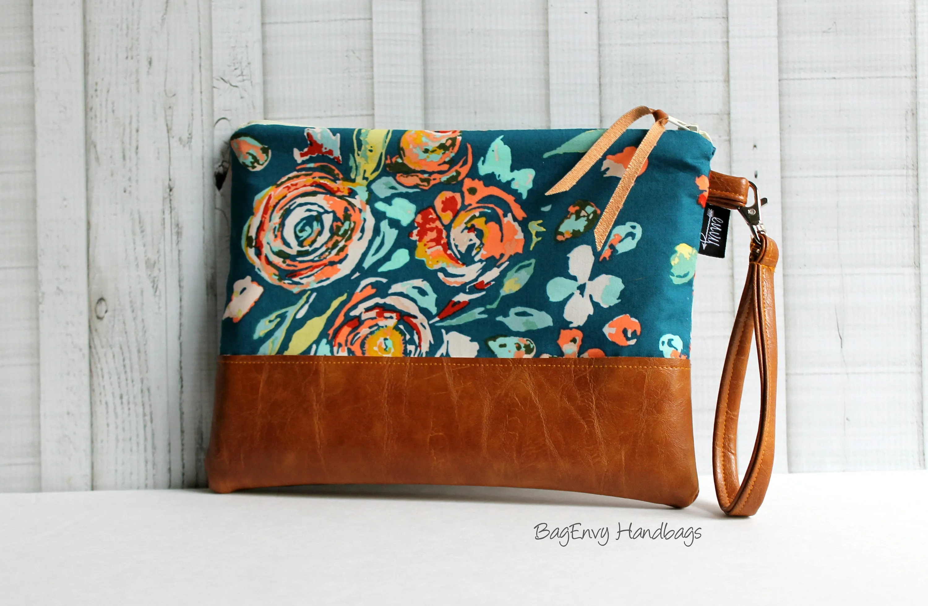 Grab N Go Wristlet Clutch - Teal Boho Flora with Vegan Leather