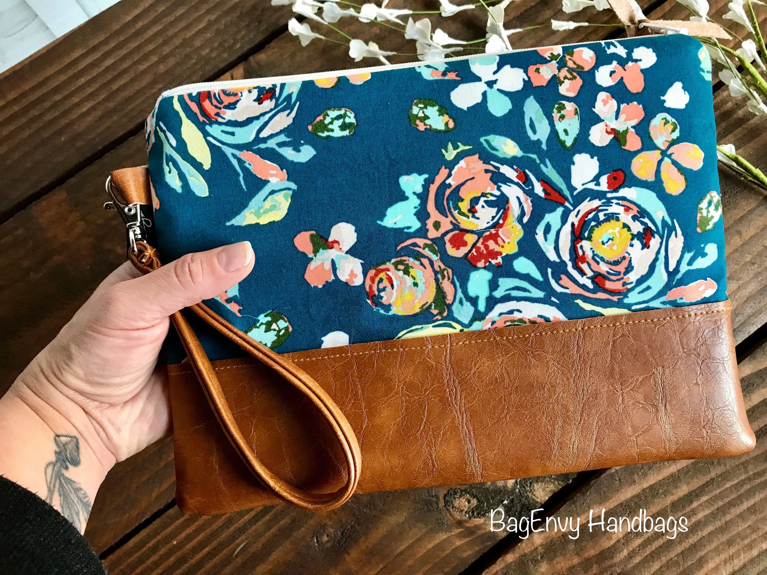 Grab N Go Wristlet Clutch - Teal Boho Flora with Vegan Leather