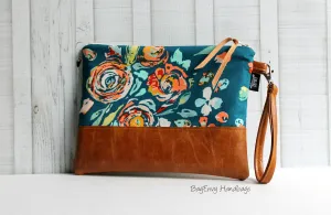 Grab N Go Wristlet Clutch - Teal Boho Flora with Vegan Leather