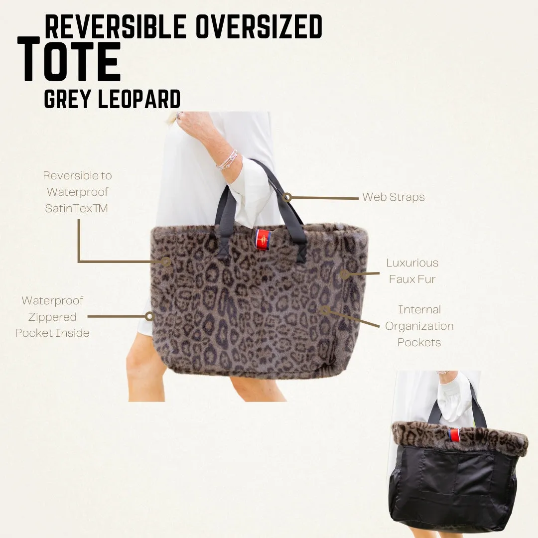 Grey Leopard Fur Reversible Oversized Tote- Waterproof Satin