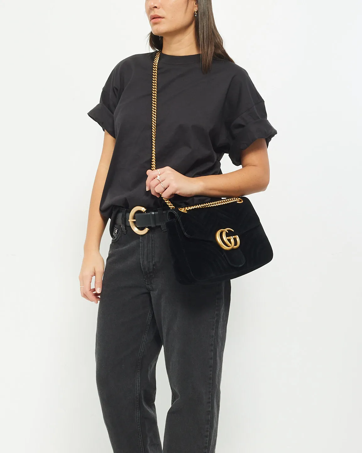 Gucci Black Velvet Matelassée  GG Marmont Medium Shoulder Bag