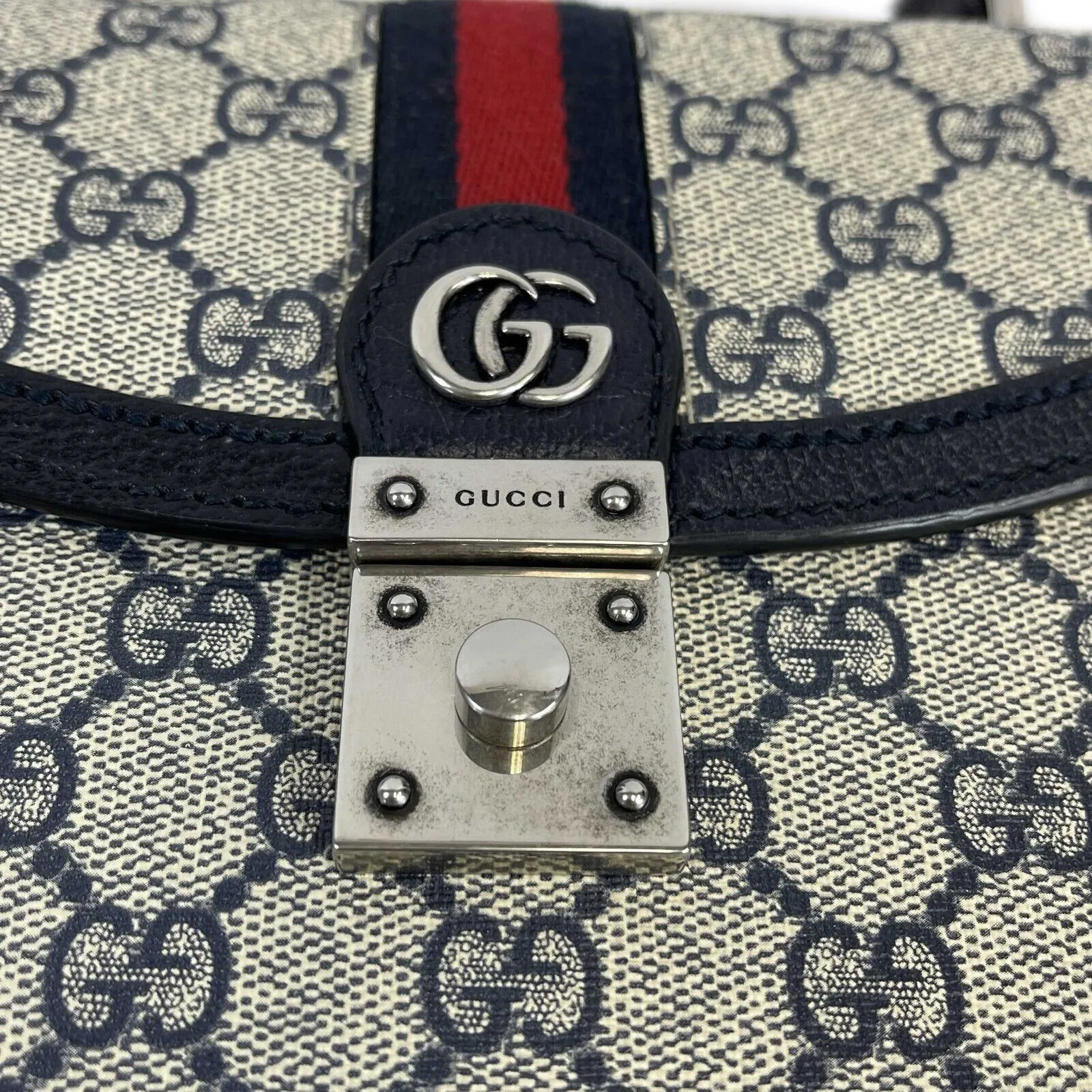 Gucci - Excellent - Ophidia GG Small Top Handle Bag - Beige and Navy Crossbody