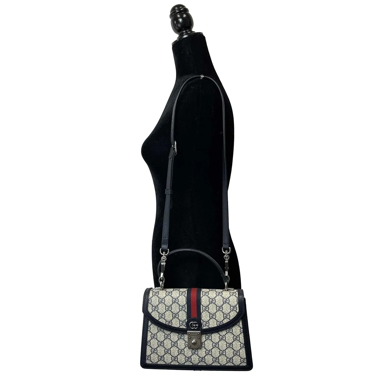 Gucci - Excellent - Ophidia GG Small Top Handle Bag - Beige and Navy Crossbody