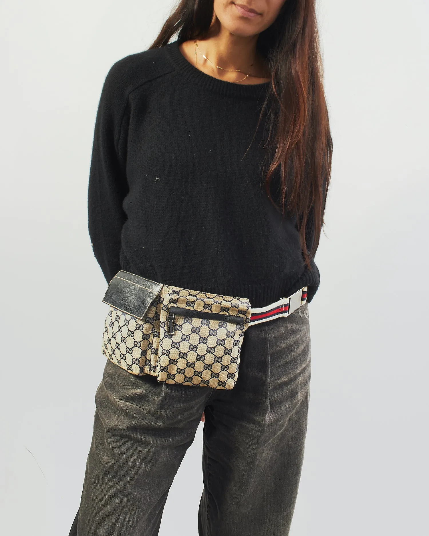 Gucci Navy Canvas GG Pocket Web Belt Bum Bag