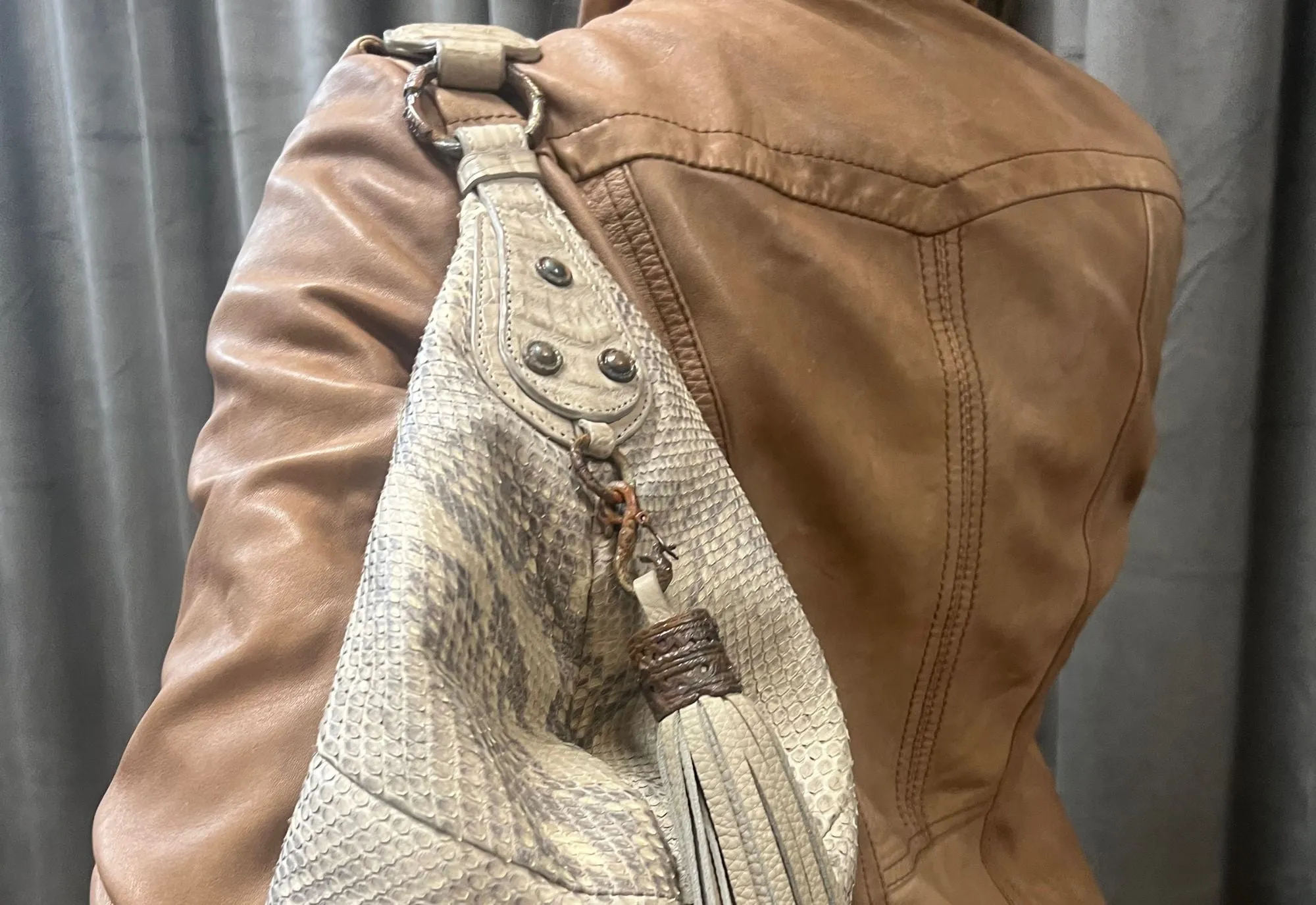 HANDBAG SMALL SLOUCHY HOBO IN TAUPE PYTHON