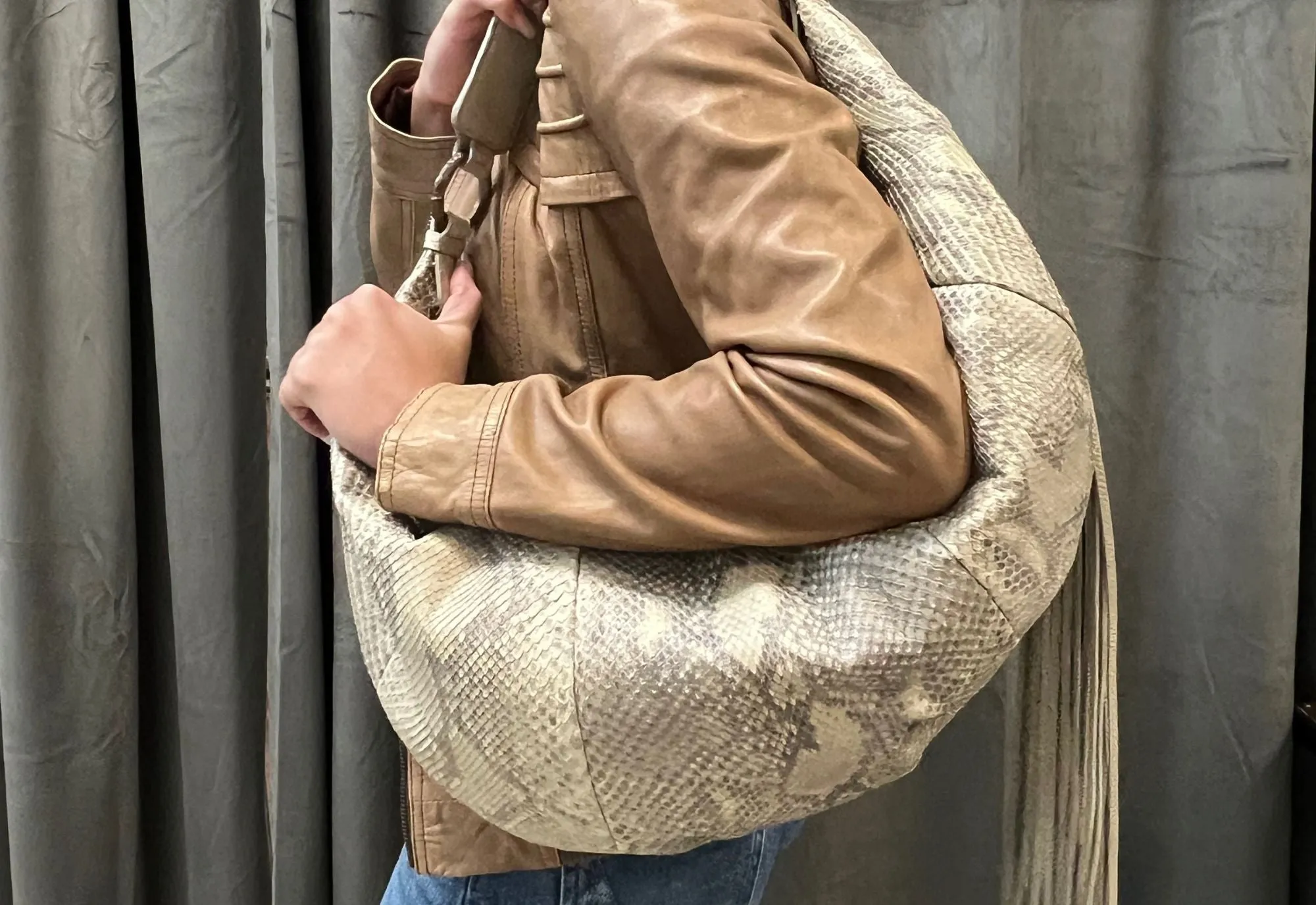 HANDBAG SMALL SLOUCHY HOBO IN TAUPE PYTHON
