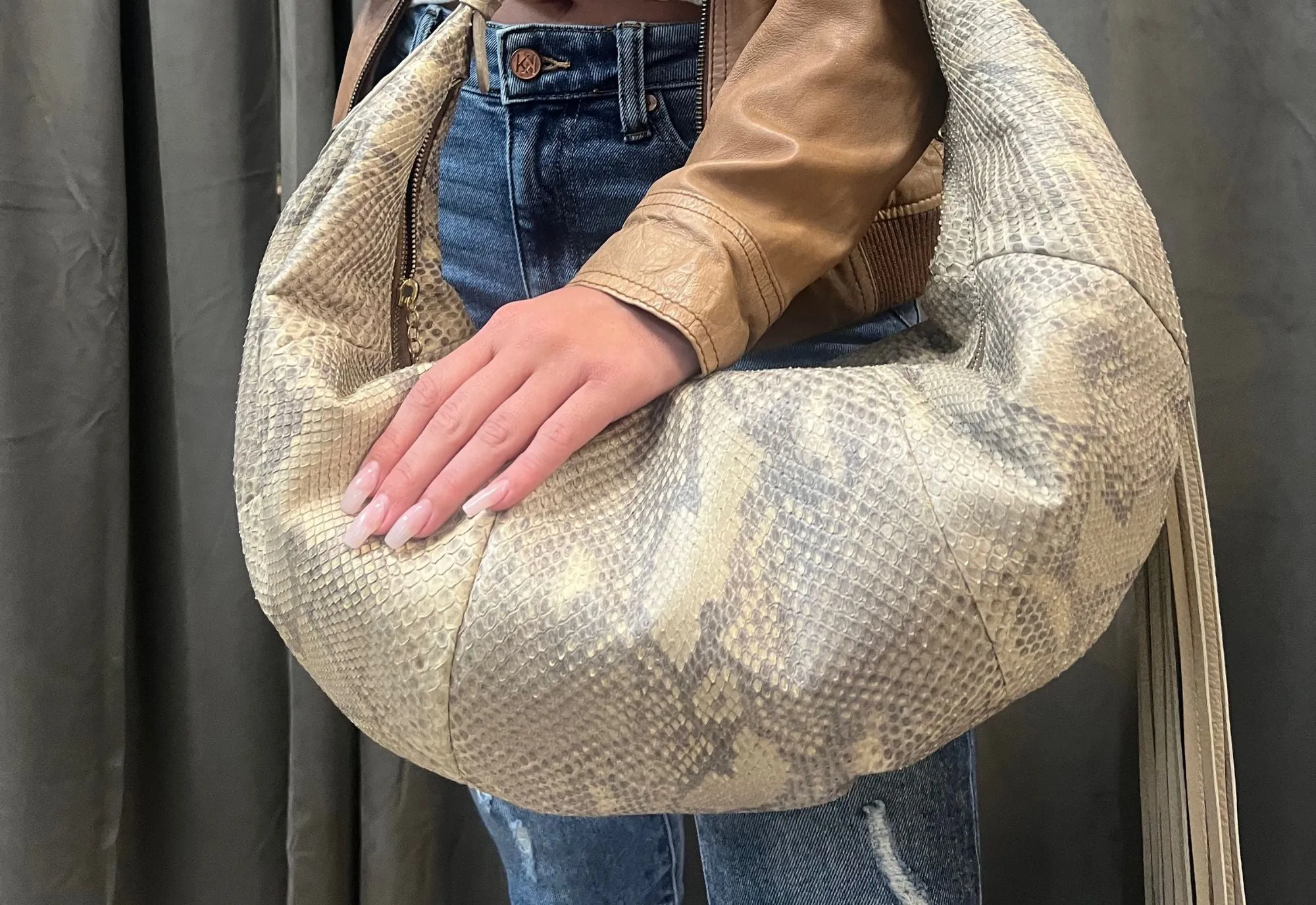 HANDBAG SMALL SLOUCHY HOBO IN TAUPE PYTHON