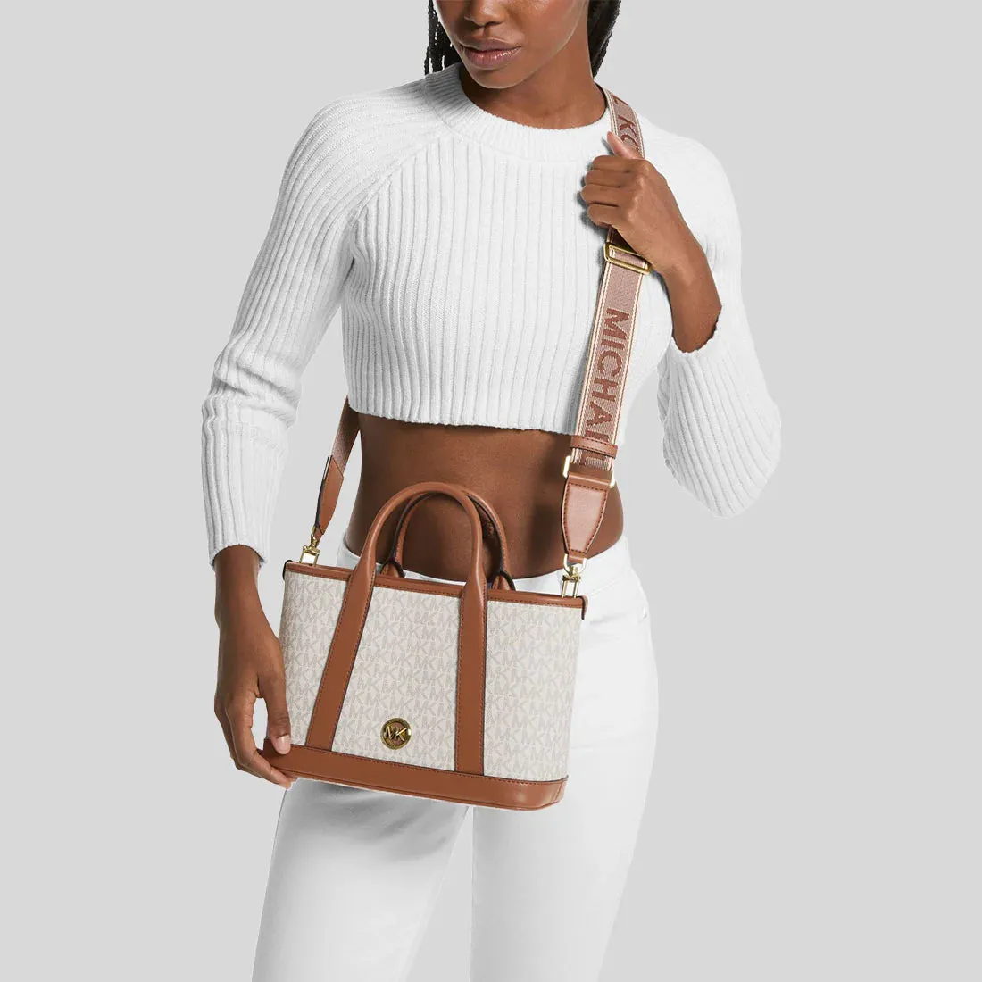 MICHAEL KORS Luisa Small Signature Logo Satchel Vanilla/Luggage RB-30R4G99T1V