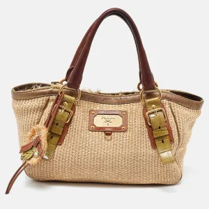 Multicolor Woven Raffia and Leather Tote