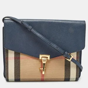 Navy Blue/Beige House Check Fabric and Leather Small Macken Crossbody Bag