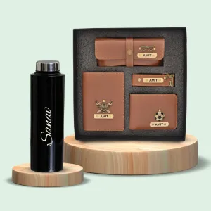 Personalised Black Classic Smart Bottle (1 Litre) & All in One Men's Combo (4 pcs) - Tan