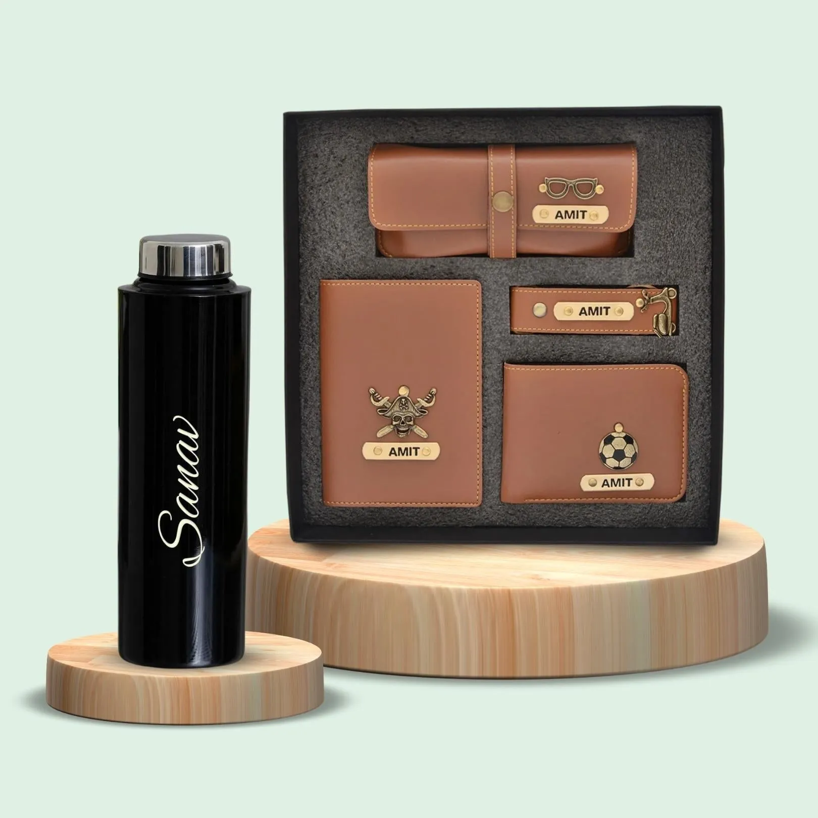 Personalised Black Classic Smart Bottle (1 Litre) & All in One Men's Combo (4 pcs) - Tan