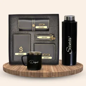 Personalised Black Classic Smart Bottle (1 Litre), Stainless Steel Mug & All in One Men's Combo (4 pcs)  - Grey