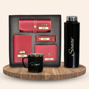 Personalised Black Classic Smart Bottle (1 Litre), Stainless Steel Mug & All in One Men's Combo (4 pcs) - Wine