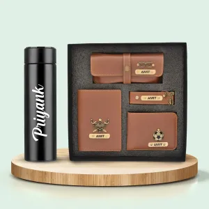 Personalised Temperature Bottle & All in One Men's Combo (4 pcs) - Tan