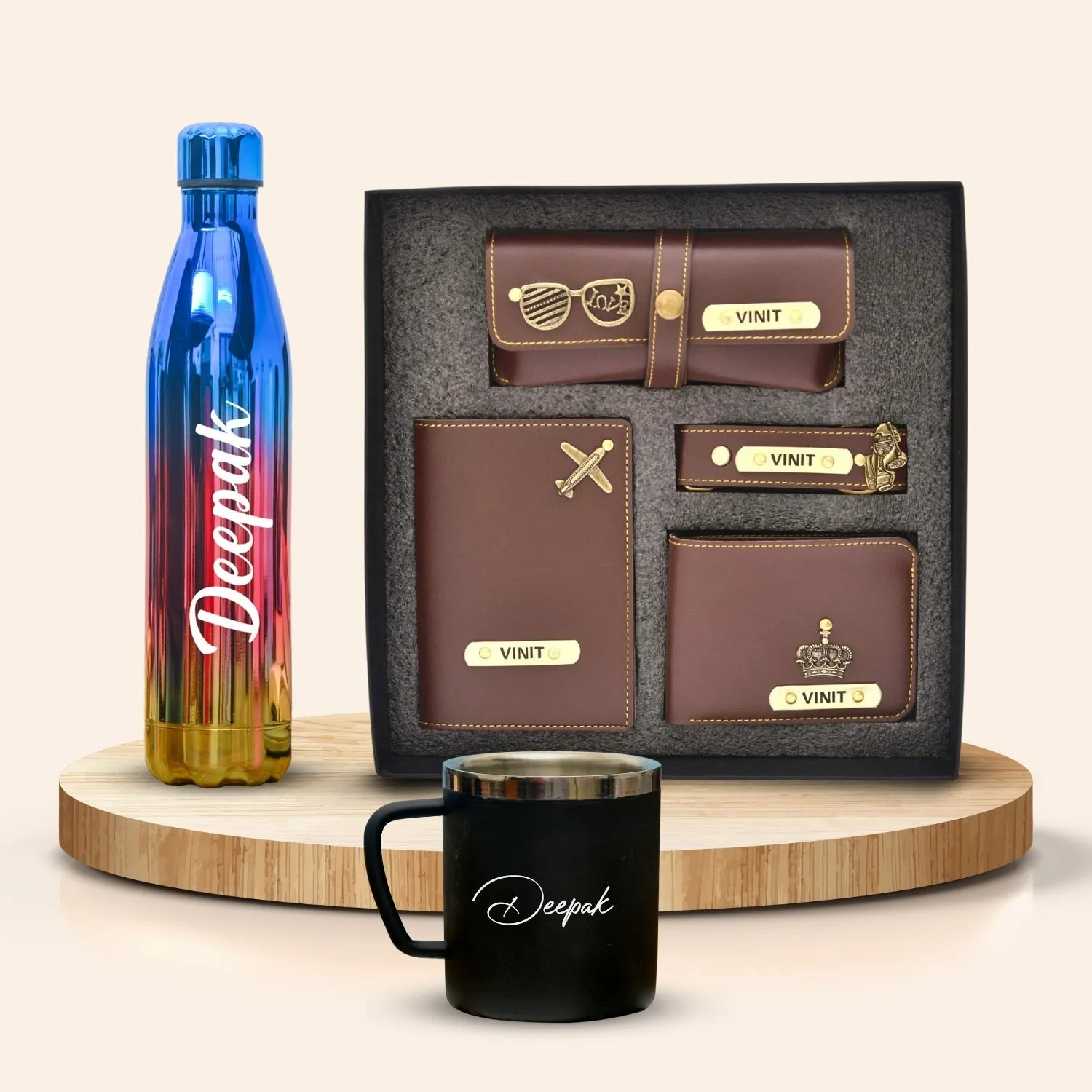 Personalized All in One Men's Combo (4 pcs) & Customized Rainbow Stainless Steel Water Bottles & Stainless Steel Mug - Brown