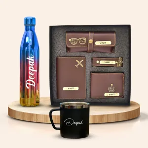 Personalized All in One Men's Combo (4 pcs) & Customized Rainbow Stainless Steel Water Bottles & Stainless Steel Mug - Brown