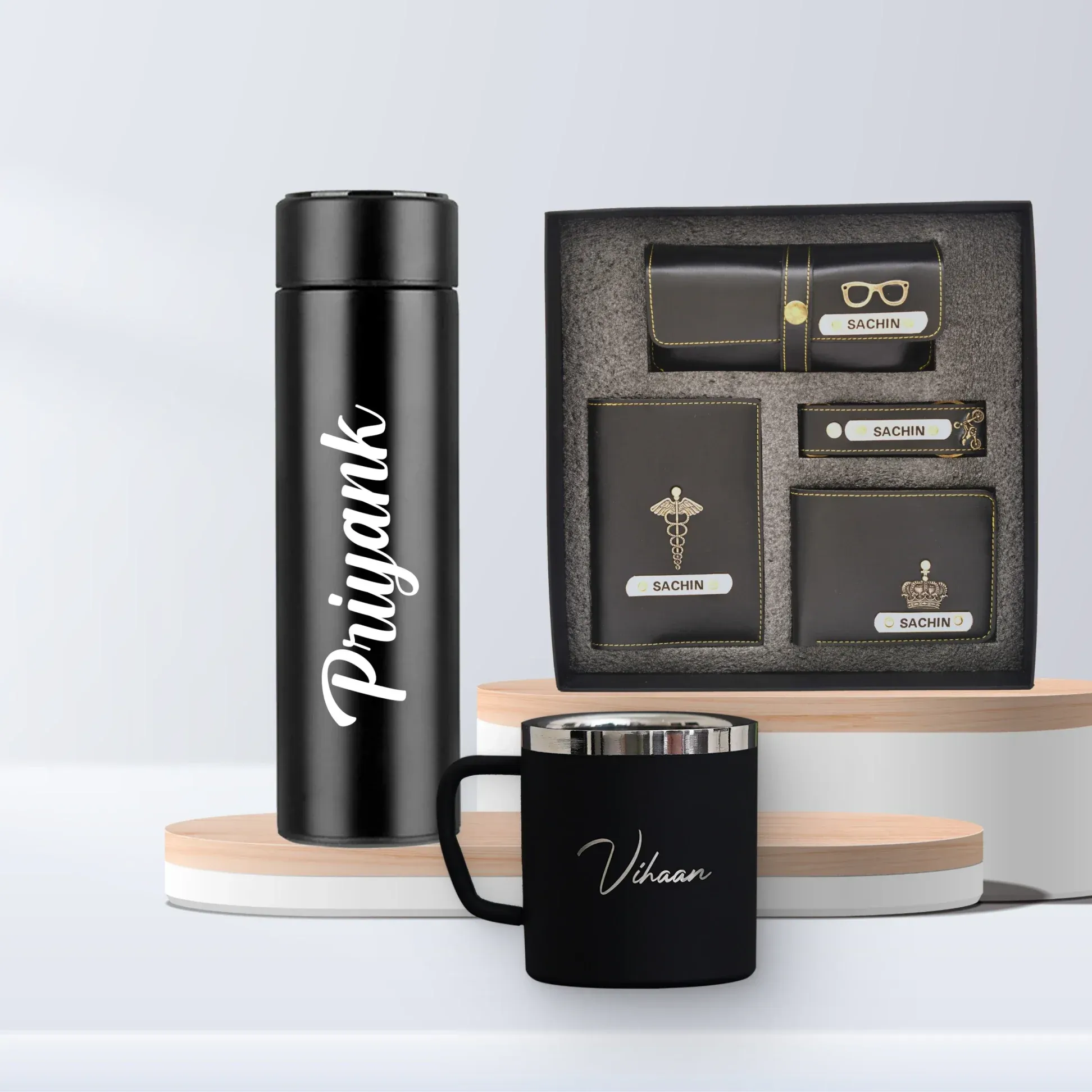 Personalized Temperature Bottle , Stainless Steel Mug & All in One Men's Combo (4 pcs) - Black