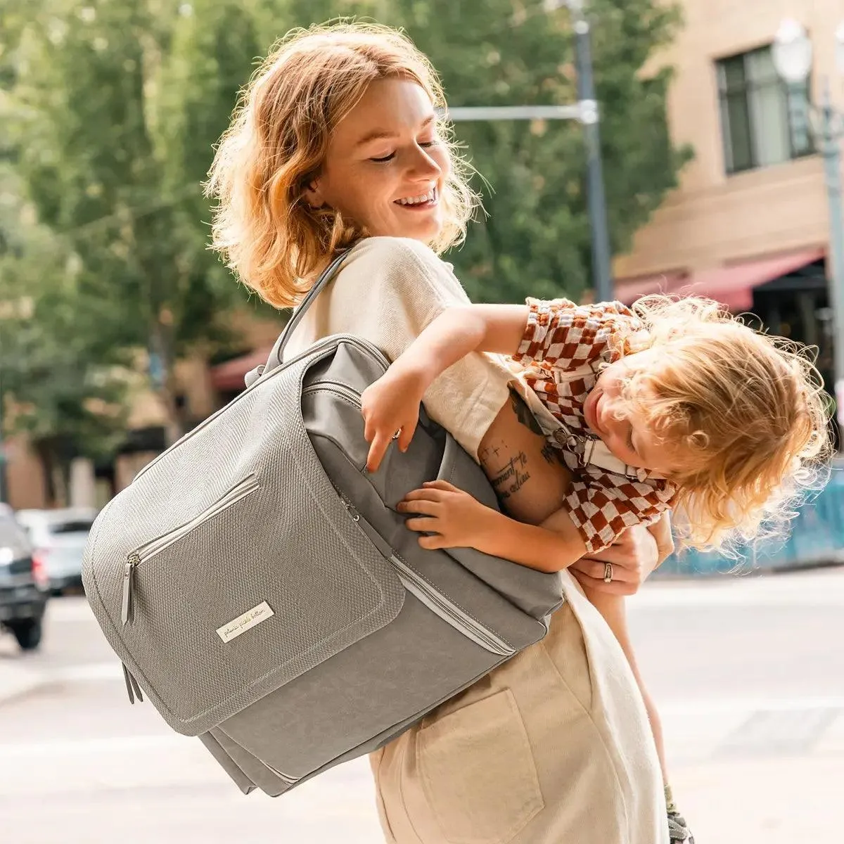 Petunia Pickle Bottom Boxy Backpack Deluxe Diaper Bag in Sand Cable Stitch