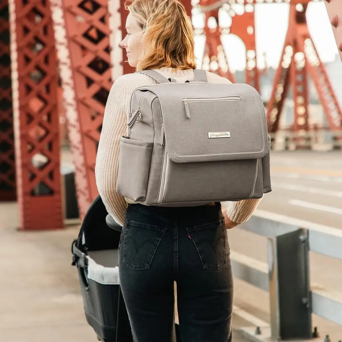 Petunia Pickle Bottom Boxy Backpack Deluxe Diaper Bag in Sand Cable Stitch