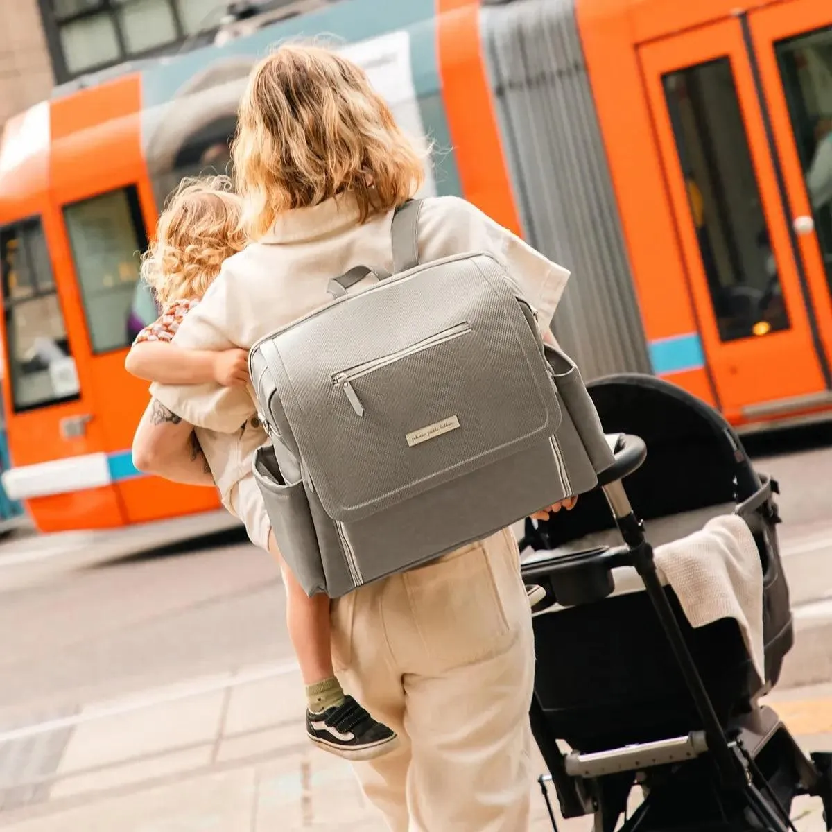 Petunia Pickle Bottom Boxy Backpack Deluxe Diaper Bag in Sand Cable Stitch