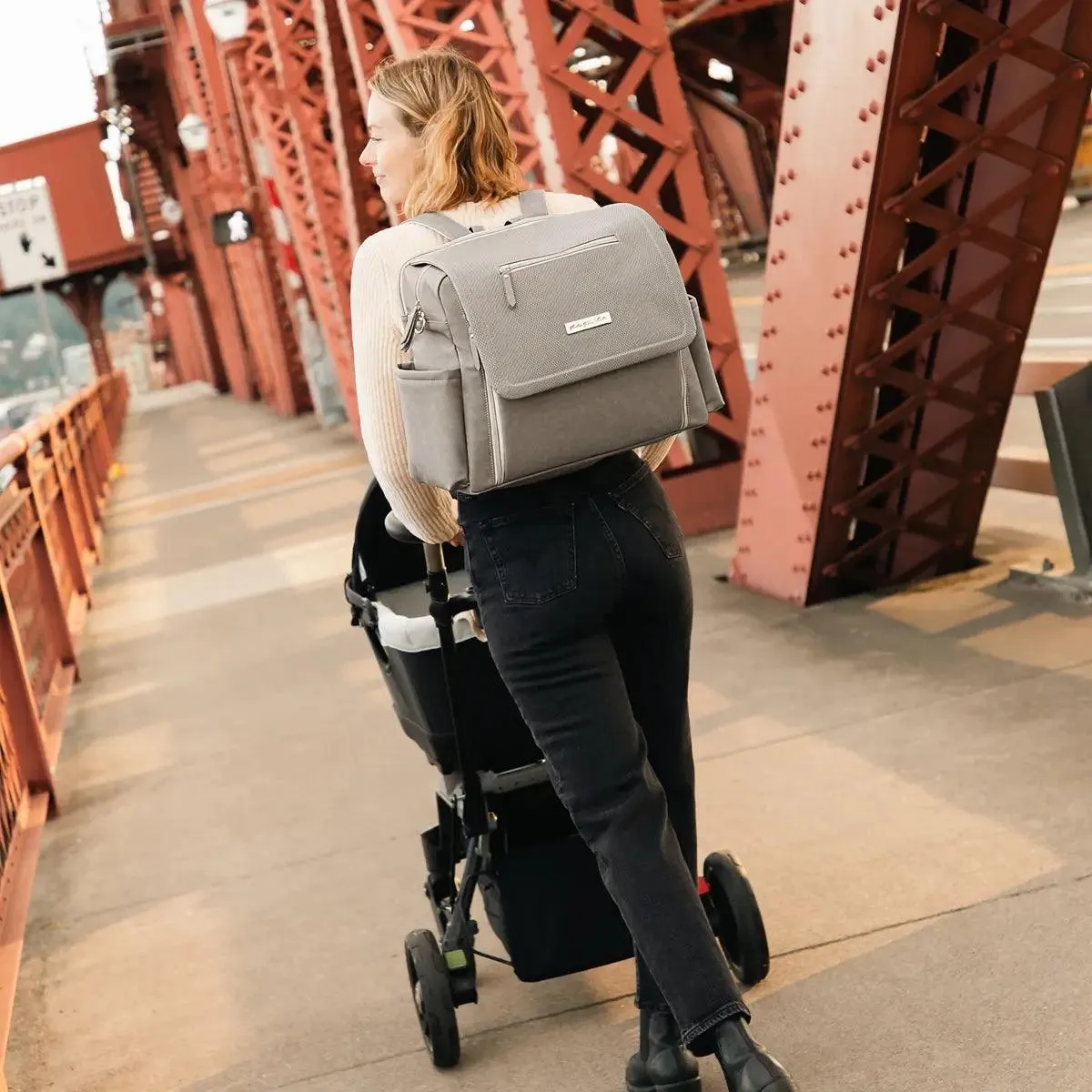 Petunia Pickle Bottom Boxy Backpack Deluxe Diaper Bag in Sand Cable Stitch