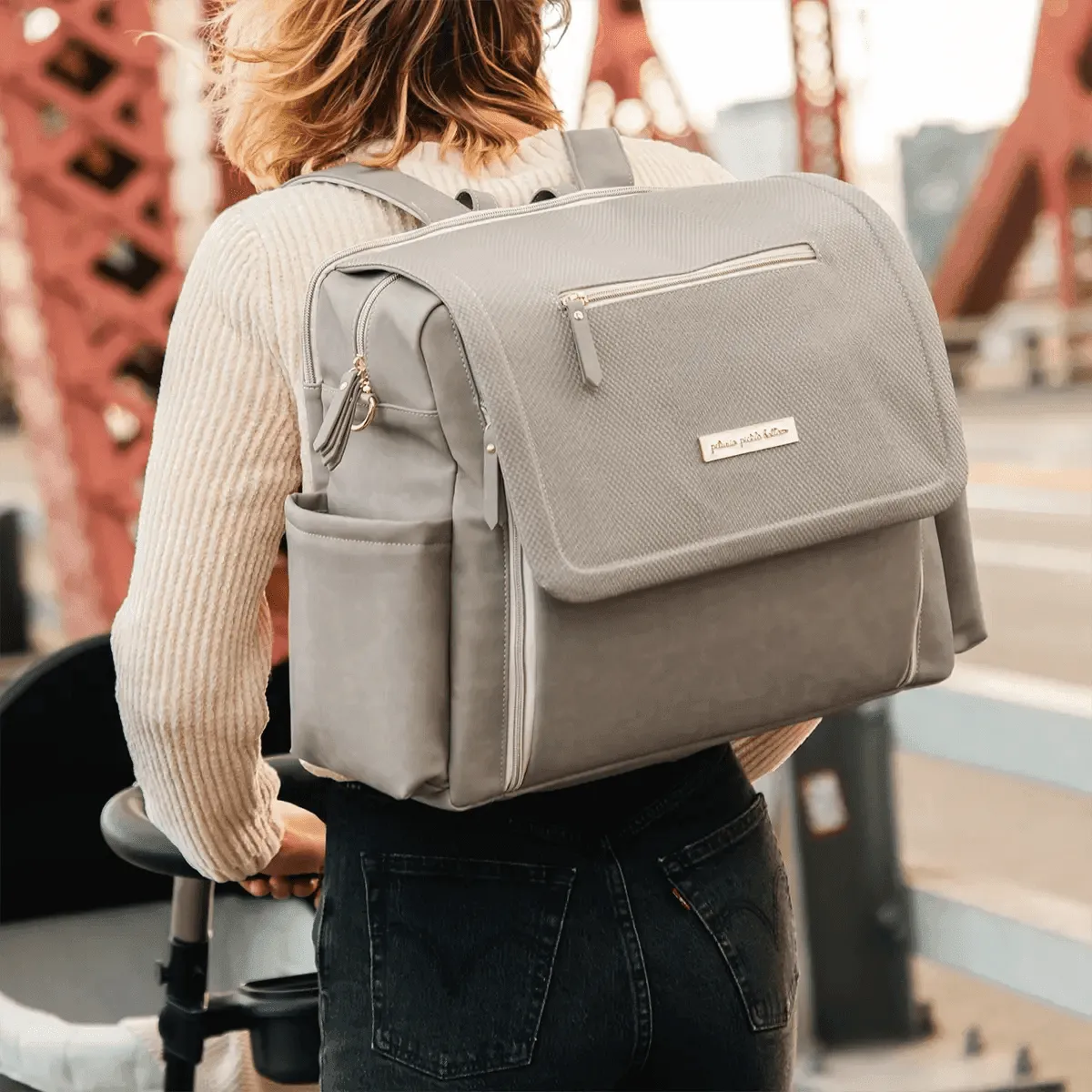 Petunia Pickle Bottom Boxy Backpack Deluxe Diaper Bag in Sand Cable Stitch