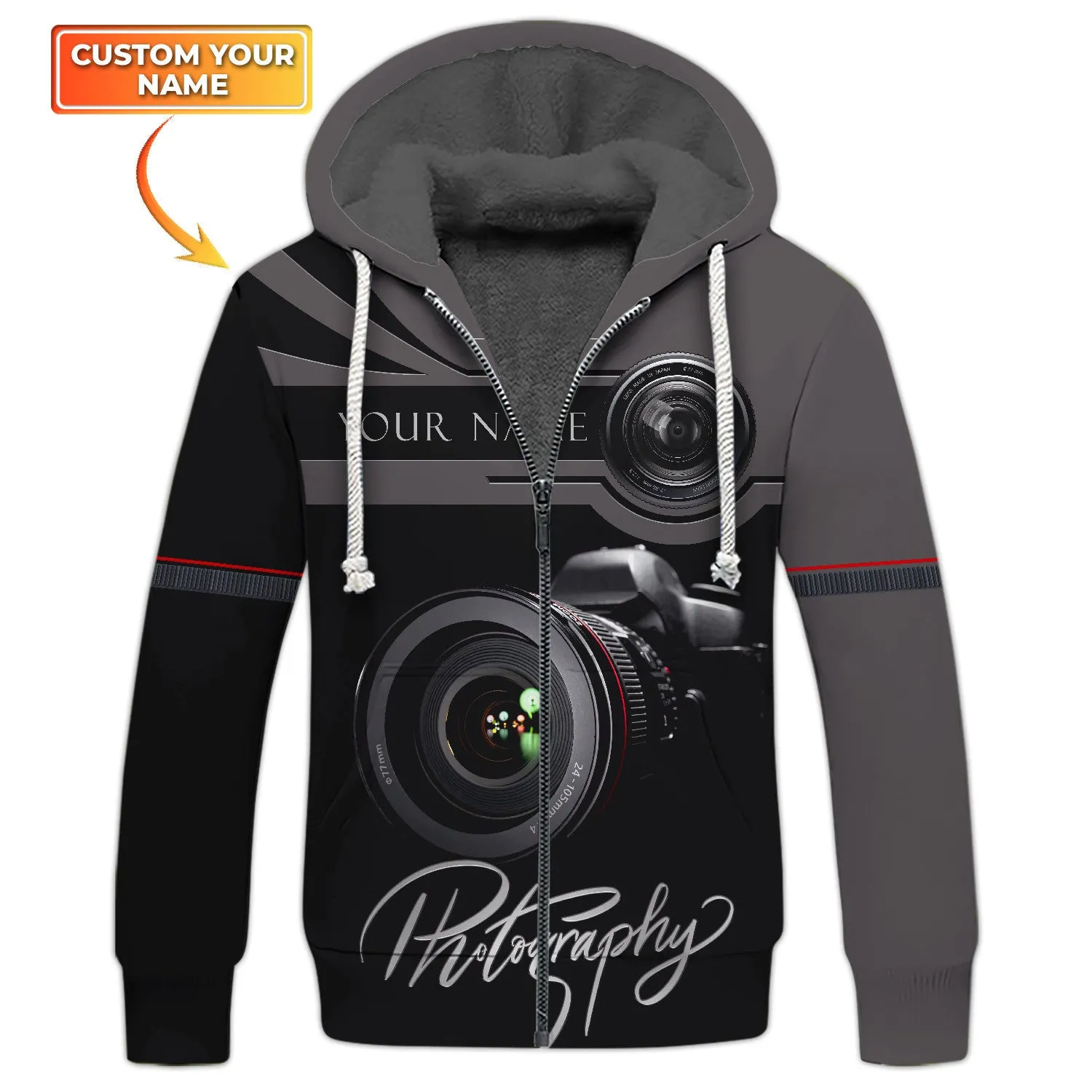 Photographer Camera Pattern Design Personalized Name Zip Hoodie
