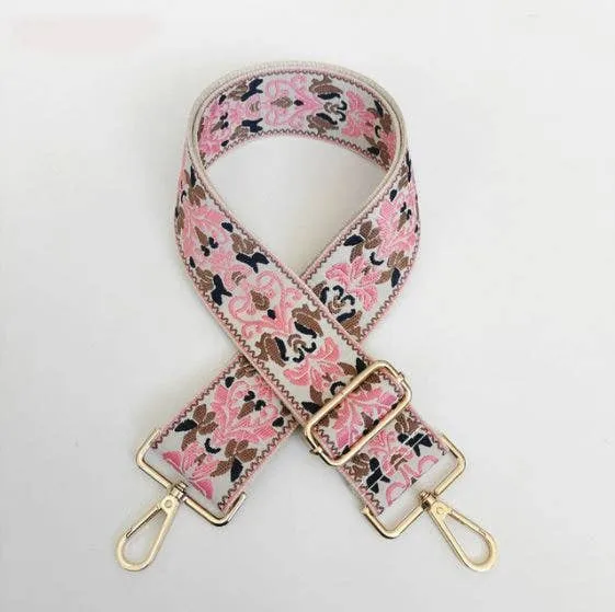 Pink and Camel Embroidered "Guitar" Bag Strap