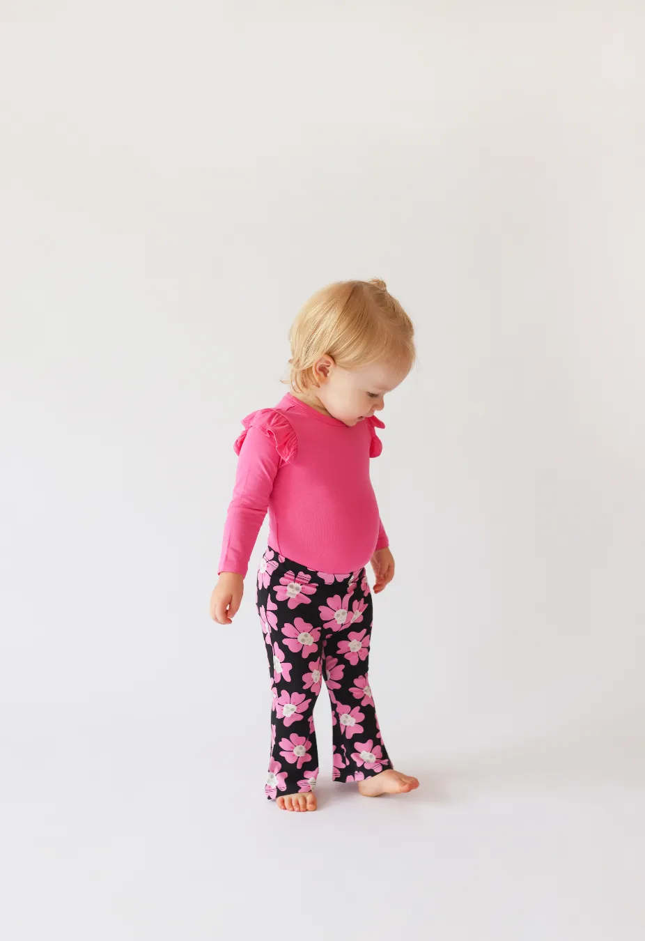 Posh Peanut Long Sleeve Girls Ruffled Bodysuit in Posh Hot Pink