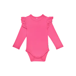 Posh Peanut Long Sleeve Girls Ruffled Bodysuit in Posh Hot Pink