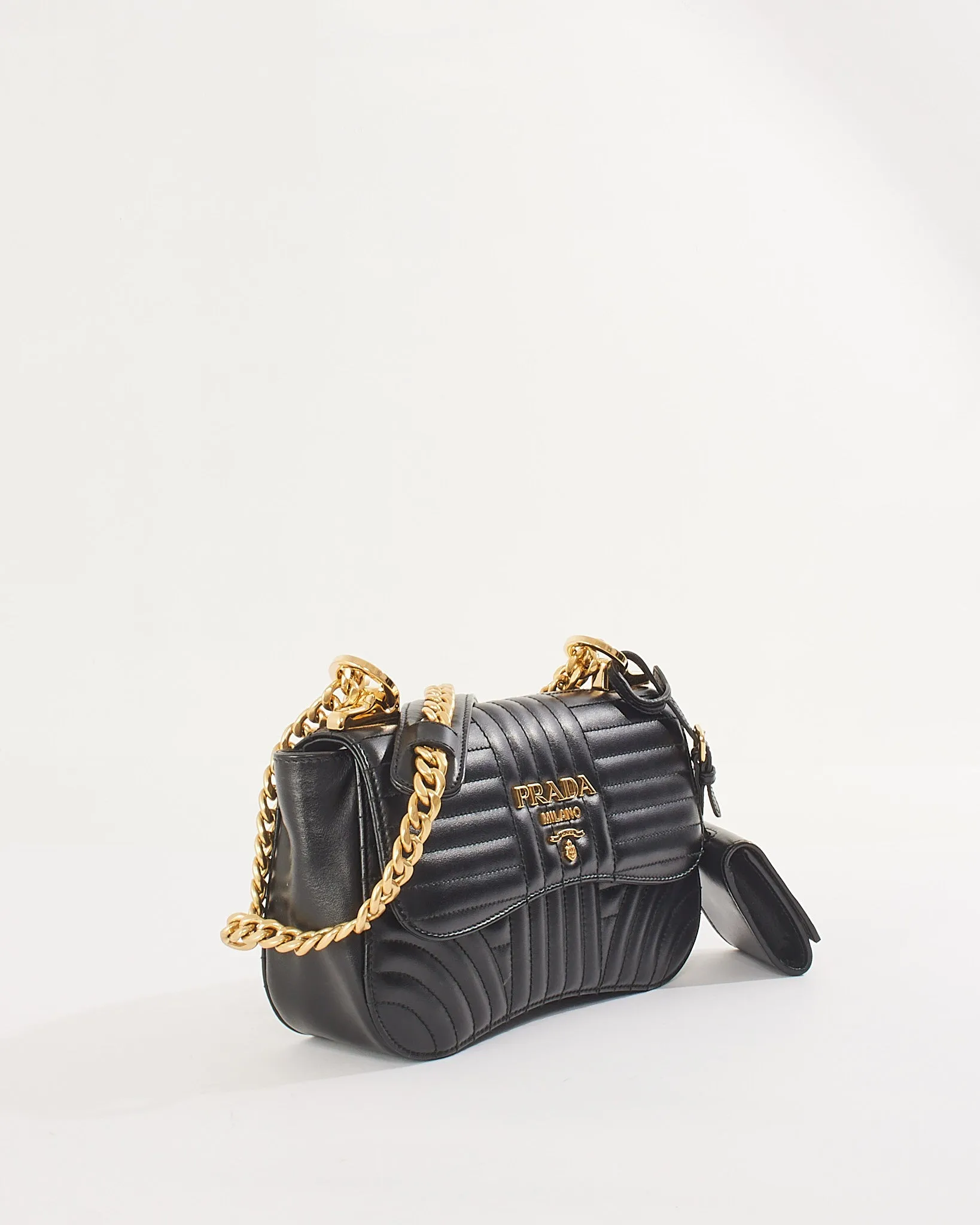 Prada Black Quilted Leather Curved Diagramme Flap Chain Small Shoulder Bag