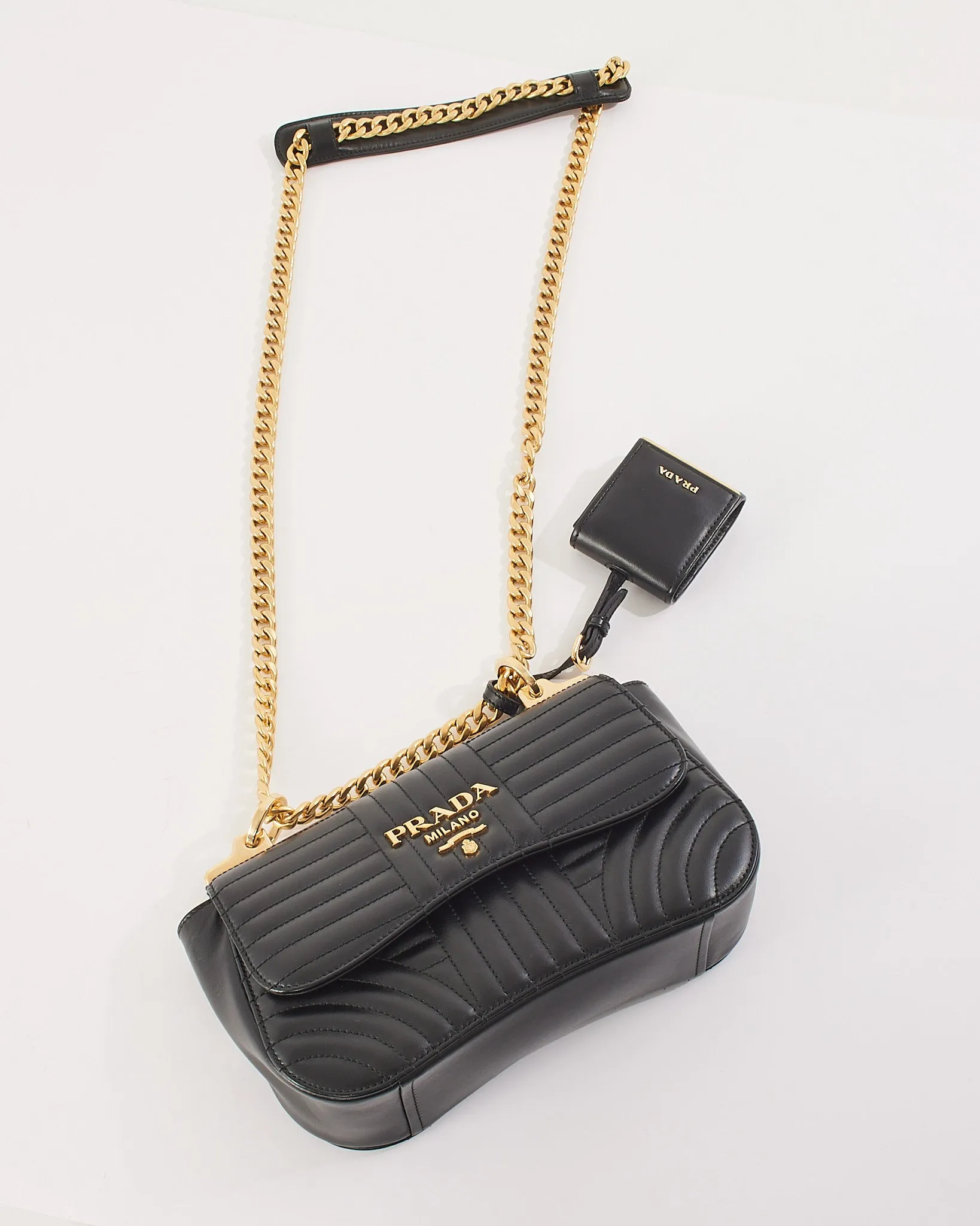 Prada Black Quilted Leather Curved Diagramme Flap Chain Small Shoulder Bag
