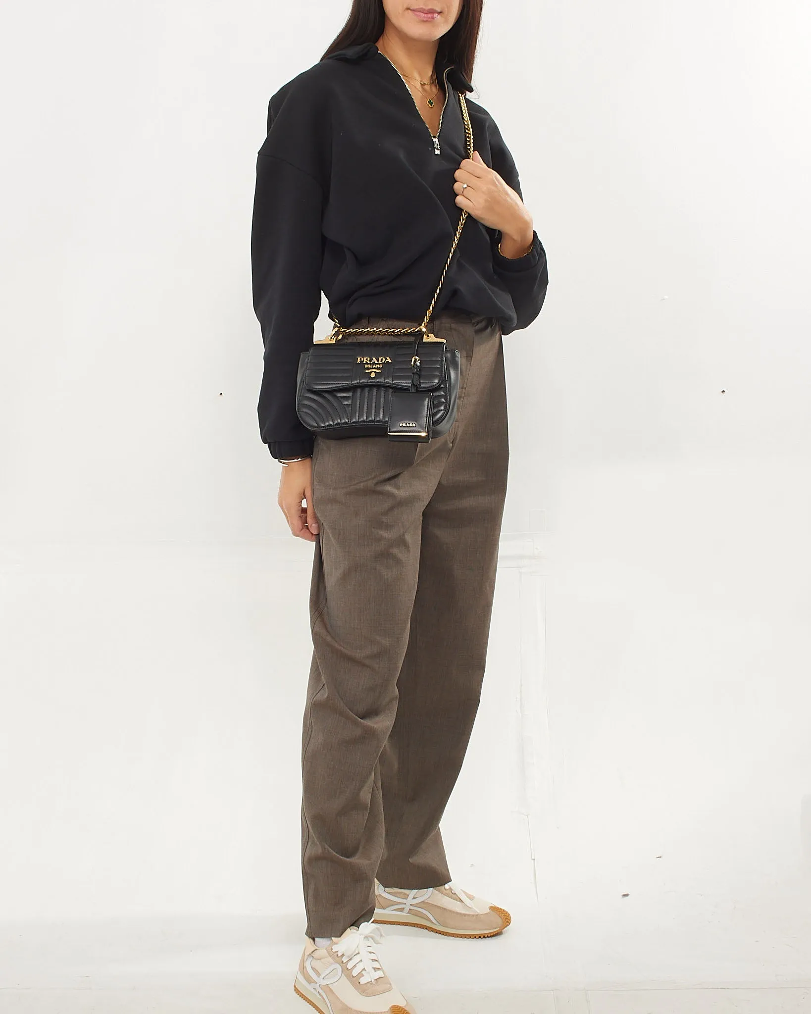 Prada Black Quilted Leather Curved Diagramme Flap Chain Small Shoulder Bag