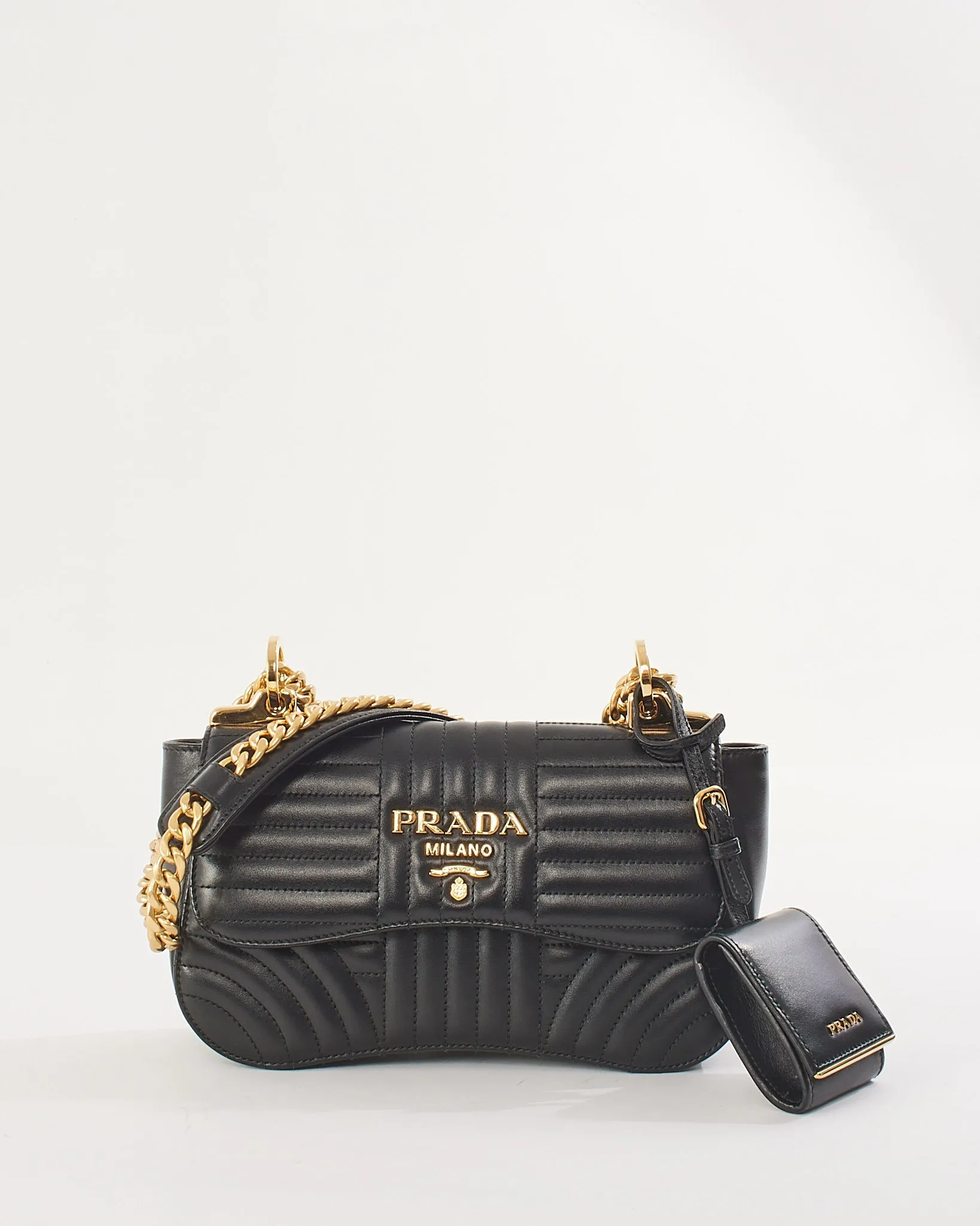 Prada Black Quilted Leather Curved Diagramme Flap Chain Small Shoulder Bag