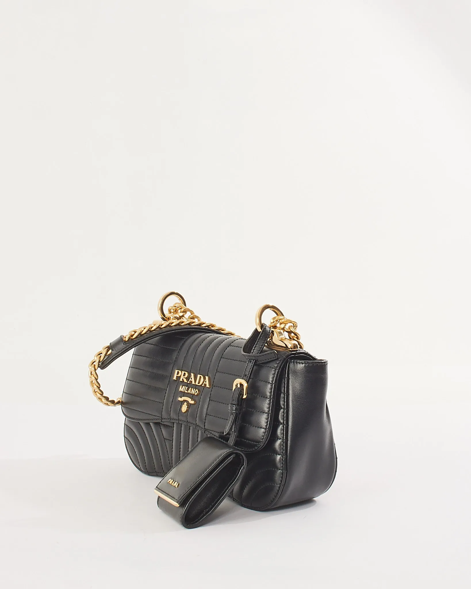Prada Black Quilted Leather Curved Diagramme Flap Chain Small Shoulder Bag