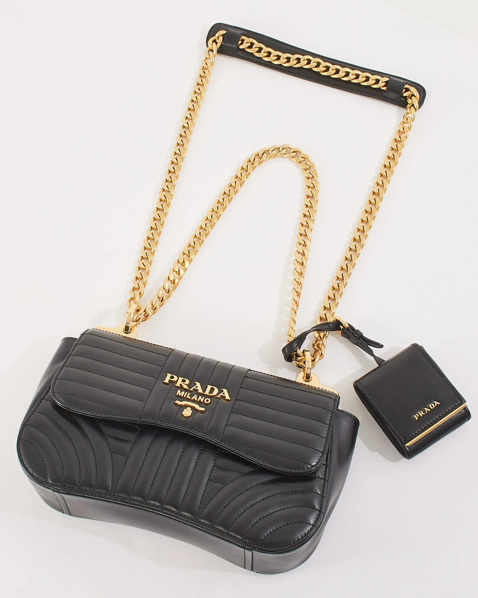Prada Black Quilted Leather Curved Diagramme Flap Chain Small Shoulder Bag