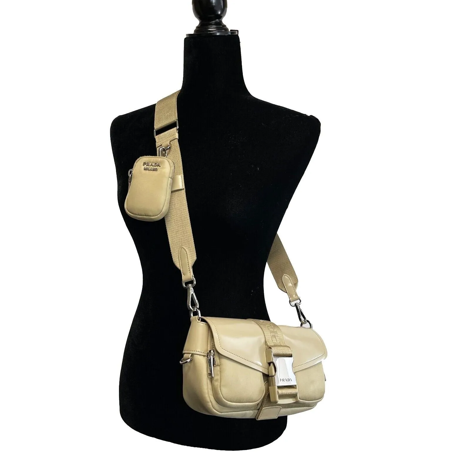 PRADA Re-Nylon Tessuto Brushed Calfskin Pocket Shoulder Bag Desert Beige Great