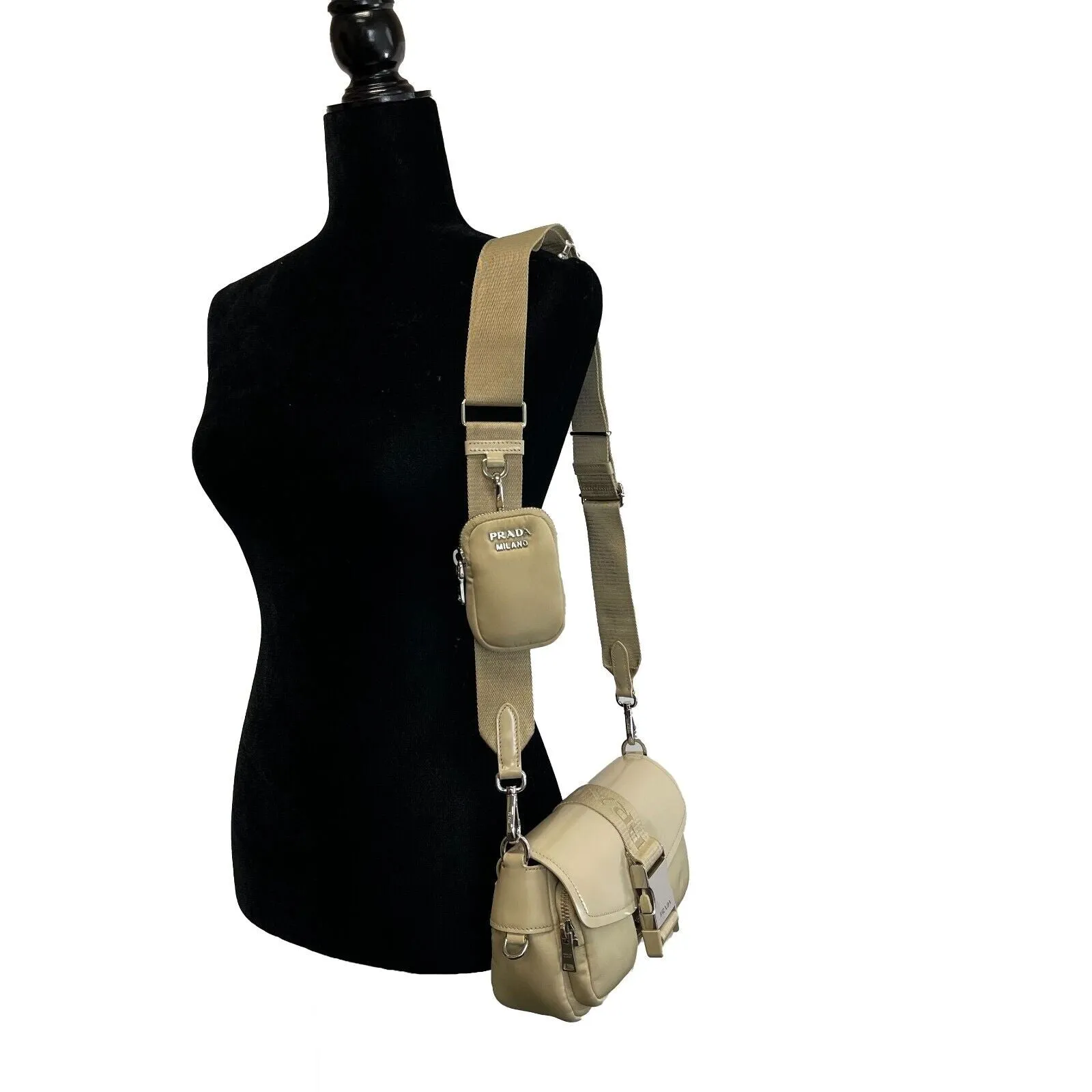 PRADA Re-Nylon Tessuto Brushed Calfskin Pocket Shoulder Bag Desert Beige Great