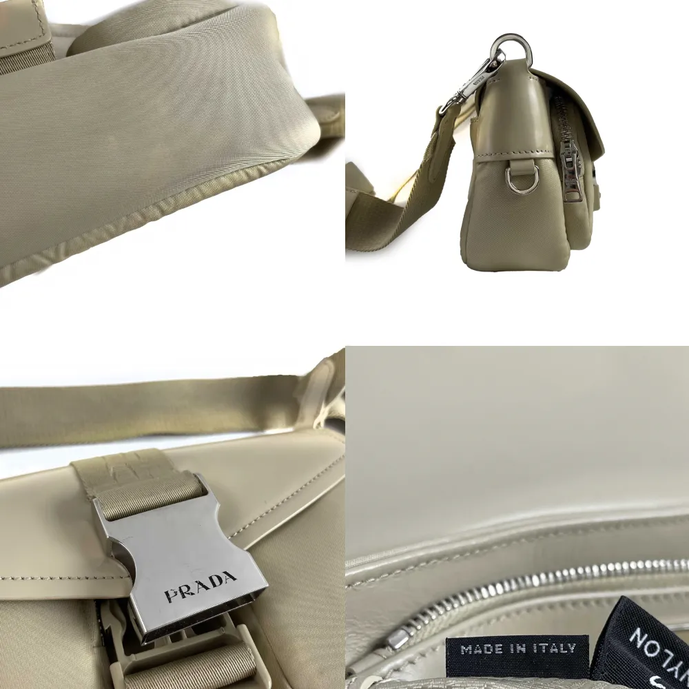 PRADA Re-Nylon Tessuto Brushed Calfskin Pocket Shoulder Bag Desert Beige Great