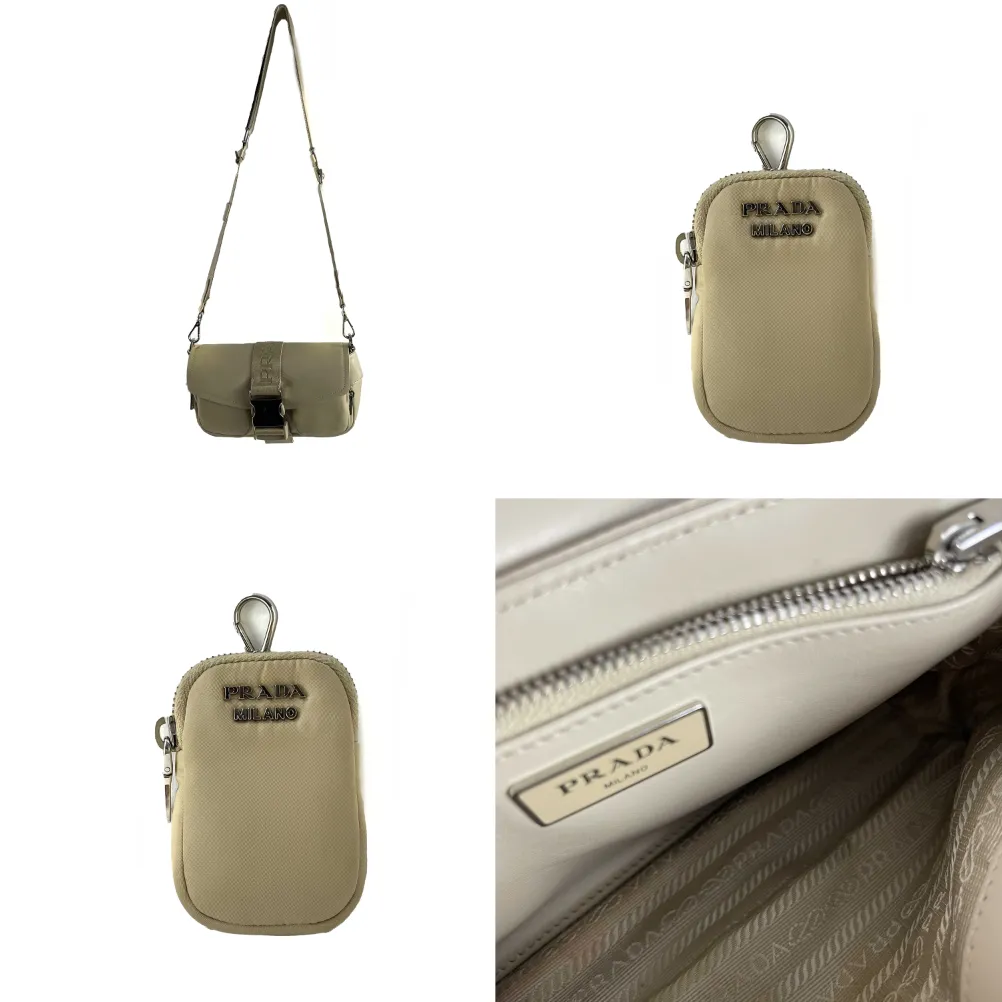 PRADA Re-Nylon Tessuto Brushed Calfskin Pocket Shoulder Bag Desert Beige Great